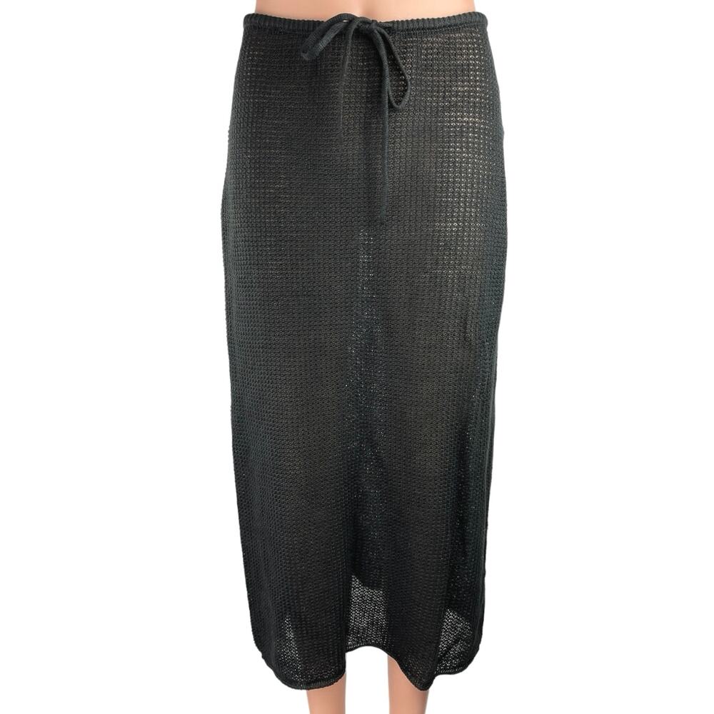 Onia Black 100% Linen Knit Crochet Low Rise Semi Sheer Pull On Midi Skirt S - Picture 6 of 11